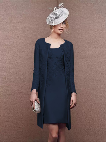 ダークネイビーブライダルマザードレス ジュエルネック ロングスリーブ Aライン レース ショート ウェディングゲストドレス