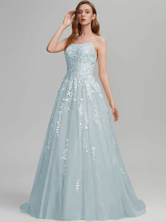 ベビーブループロムドレス Aライン スクエアネック レース ノースリーブ レース ウェディングゲストドレス