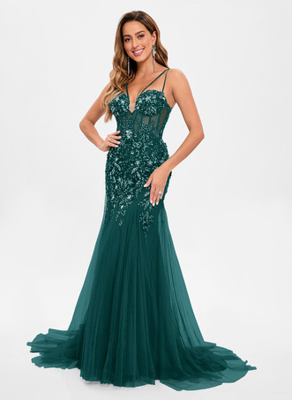 ダークグリーンプロムドレス チュール ストラップレス マーメイド ノースリーブ スパンコール パーティードレス
