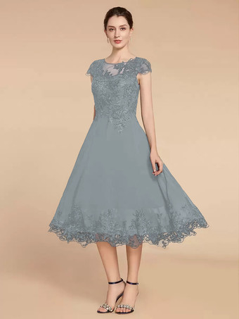 グレーブルー花嫁の母親のためのパーティードレス ジュエルネック キャップスリーブ レース Aライン ティーレングス ウェディングゲストドレス