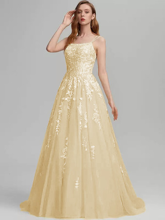 シャンパンプロムドレス Aライン スクエアネック レース ノースリーブ レース ウェディングゲストドレス