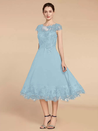 ベビーブルー花嫁の母親のためのパーティードレス ジュエルネック キャップスリーブ レース Aライン ティーレングス ウェディングゲストドレス