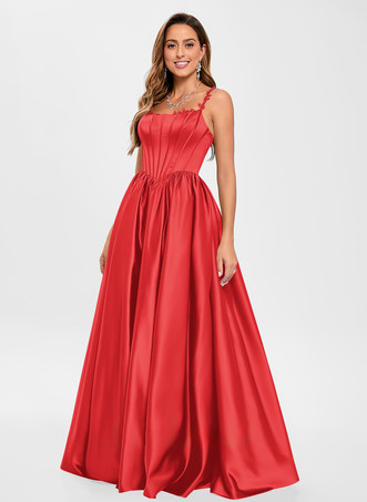 Rouge Robe de bal en tissu satiné col carré ligne a sans manches robes de soirée appliquées