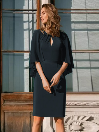 Bleu MarineRobe de mère à col bijou sans manches gaine plissée robes d'invitées de mariage