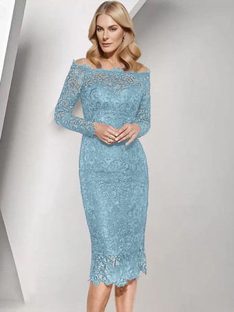 ベビーブルー花嫁の母親のためのパーティードレス バトーネック 長袖 ショート レース ウェディングゲストドレス