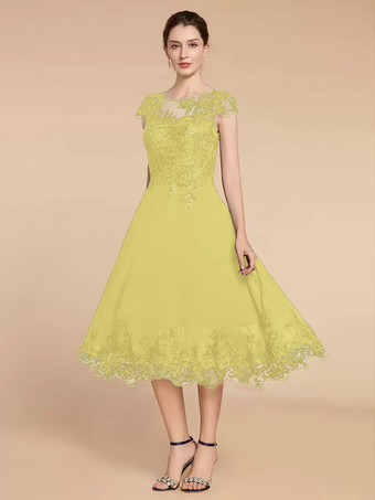 スイセン色花嫁の母親のためのパーティードレス ジュエルネック キャップスリーブ レース Aライン ティーレングス ウェディングゲストドレス