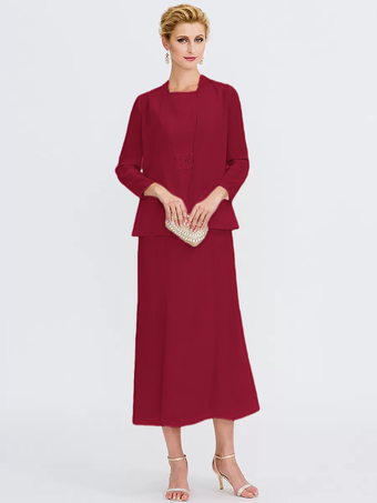 バーガンディーマザードレス ジュエルネック ノースリーブ Aライン ビーズ ウェディングゲストドレス