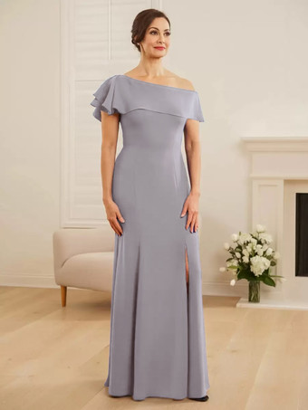 ライトグレーブライダルマザードレス ワンショルダー 半袖 マーメイドフリル ウェディングゲストドレス
