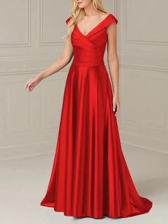 レッド ブライダルマザードレス Vネック ノースリーブ Aライン プリーツ マキシレングス ウェディングゲストドレス