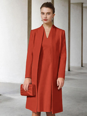 ブリックレッド花嫁の母親のためのパーティードレス Vネック 長袖 Aライン 結婚式用ゲストドレス 無料カスタマイズ