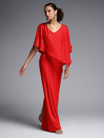 red Bridal Mother Dress Jewel Neck Half Sleeves A-Line Split Front Floor-Length Wedding Guest Dresses