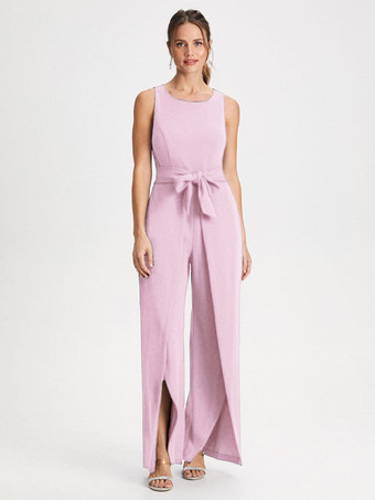 Pale RoseRobe de mère col bijou combinaison sans manches ceinture longueur au sol robes d'invitées de mariage