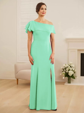 ミントグリーンブライダルマザードレス ワンショルダー 半袖 マーメイドフリル ウェディングゲストドレス