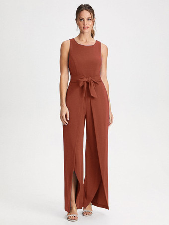 Brick rougeRobe de mère col bijou combinaison sans manches ceinture longueur au sol robes d'invitées de mariage