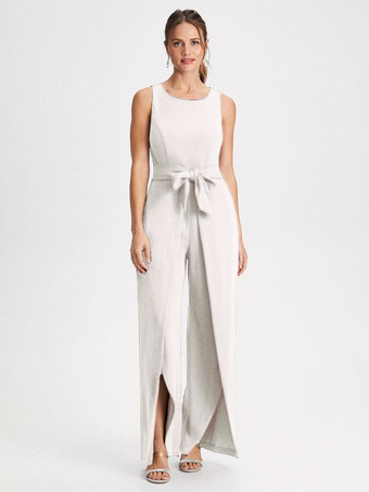 Blanc Robe de mère col bijou combinaison sans manches ceinture longueur au sol robes d'invitées de mariage