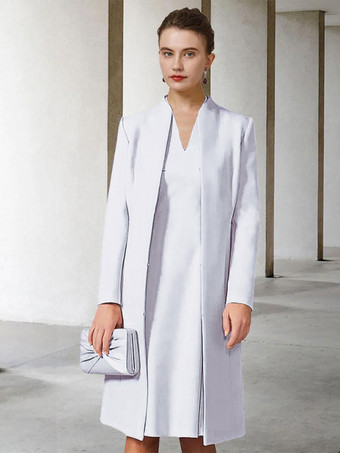 ホワイト花嫁の母親のためのパーティードレス Vネック 長袖 Aライン 結婚式用ゲストドレス 無料カスタマイズ