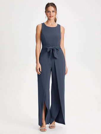 Bleu MarineRobe de mère col bijou combinaison sans manches ceinture longueur au sol robes d'invitées de mariage