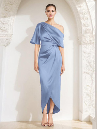 スチールブルーマザードレス ワンショルダー ハーフスリーブ プリーツ シース ゲストドレス 結婚式用