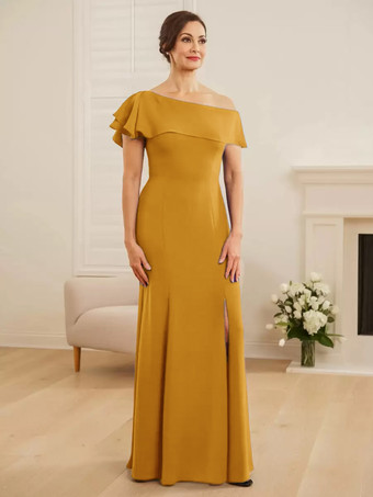 ゴールド ブライダルマザードレス ワンショルダー 半袖 マーメイドフリル ウェディングゲストドレス