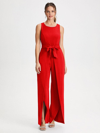 Rouge Robe de mère col bijou combinaison sans manches ceinture longueur au sol robes d'invitées de mariage