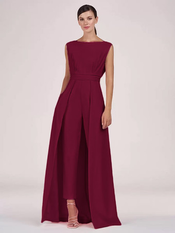バーガンディーマザードレス ジュエルネック ノースリーブ ジャンプスーツ プリーツ 足首丈 ゲストドレス 結婚式用