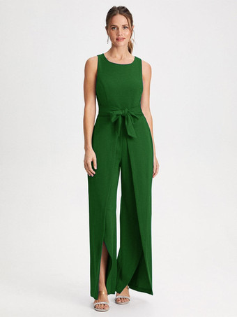 Vert Robe de mère col bijou combinaison sans manches ceinture longueur au sol robes d'invitées de mariage