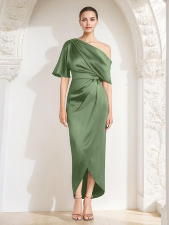 アボカドグリーンマザードレス ワンショルダー ハーフスリーブ プリーツ シース ゲストドレス 結婚式用
