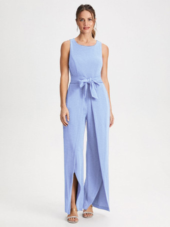 Bleu ClairRobe de mère col bijou combinaison sans manches ceinture longueur au sol robes d'invitées de mariage