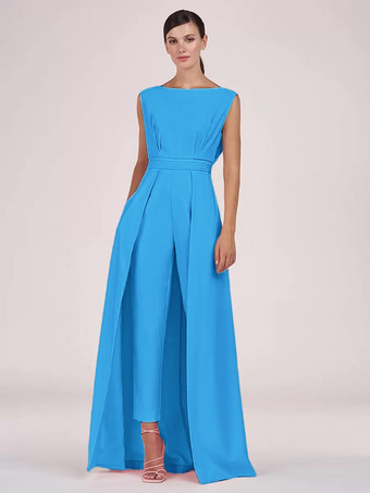 オーシャンブルーマザードレス ジュエルネック ノースリーブ ジャンプスーツ プリーツ 足首丈 ゲストドレス 結婚式用