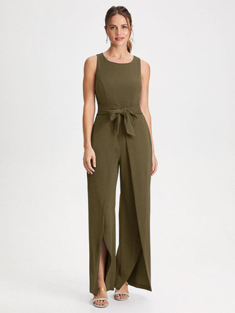 Vert Olive Robe de mère col bijou combinaison sans manches ceinture longueur au sol robes d'invitées de mariage