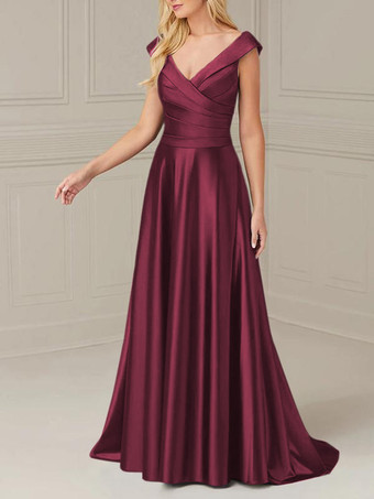 バーガンディーブライダルマザードレス Vネック ノースリーブ Aライン プリーツ マキシレングス ウェディングゲストドレス