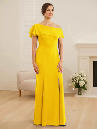 イエローブライダルマザードレス ワンショルダー 半袖 マーメイドフリル ウェディングゲストドレス