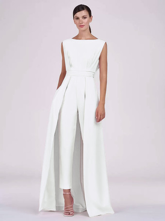 アイボリーマザードレス ジュエルネック ノースリーブ ジャンプスーツ プリーツ 足首丈 ゲストドレス 結婚式用