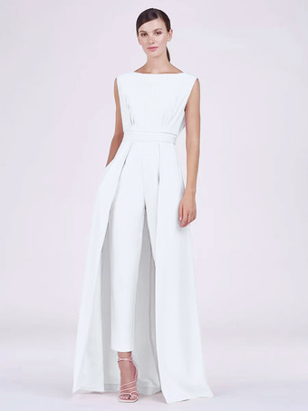 ホワイトマザードレス ジュエルネック ノースリーブ ジャンプスーツ プリーツ 足首丈 ゲストドレス 結婚式用