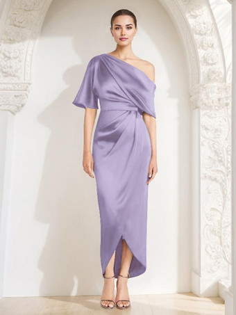 ライラックマザードレス ワンショルダー ハーフスリーブ プリーツ シース ゲストドレス 結婚式用