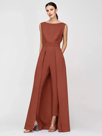 オーバーンマザードレス ジュエルネック ノースリーブ ジャンプスーツ プリーツ 足首丈 ゲストドレス 結婚式用