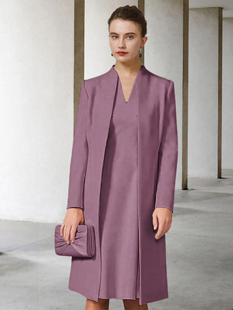 ライラック 花嫁の母親のためのパーティードレス Vネック 長袖 Aライン 結婚式用ゲストドレス 無料カスタマイズ