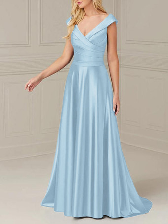 ベビーブルーブライダルマザードレス Vネック ノースリーブ Aライン プリーツ マキシレングス ウェディングゲストドレス