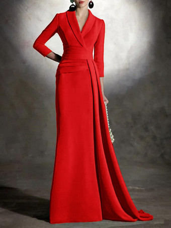 レッド ブライダルマザードレス Vネック 3/4丈 袖マーメイド プリーツ マキシレングス ゲストドレス 結婚式用