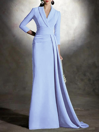ベビーブルーブライダルマザードレス Vネック 3/4丈 袖マーメイド プリーツ マキシレングス ゲストドレス 結婚式用