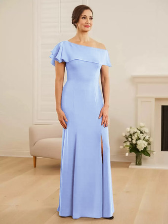 ベビーブルーブライダルマザードレス ワンショルダー 半袖 マーメイドフリル ウェディングゲストドレス