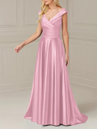 ソフトピンクブライダルマザードレス Vネック ノースリーブ Aライン プリーツ マキシレングス ウェディングゲストドレス