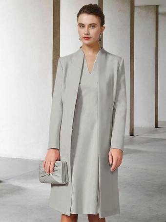 ライトグレー花嫁の母親のためのパーティードレス Vネック 長袖 Aライン 結婚式用ゲストドレス 無料カスタマイズ