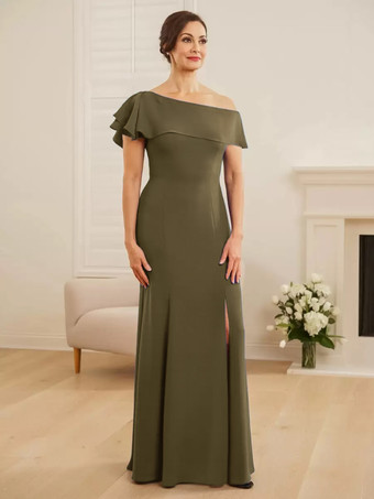 オリーブグリーンブライダルマザードレス ワンショルダー 半袖 マーメイドフリル ウェディングゲストドレス