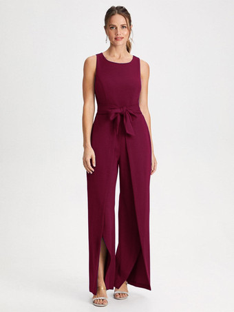 Bordeaux Robe de mère col bijou combinaison sans manches ceinture longueur au sol robes d'invitées de mariage