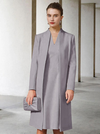 グレイ花嫁の母親のためのパーティードレス Vネック 長袖 Aライン 結婚式用ゲストドレス 無料カスタマイズ