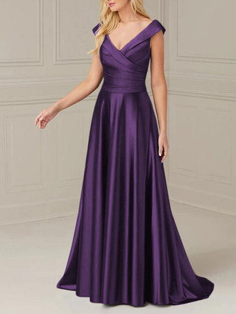 プラムブライダルマザードレス Vネック ノースリーブ Aライン プリーツ マキシレングス ウェディングゲストドレス