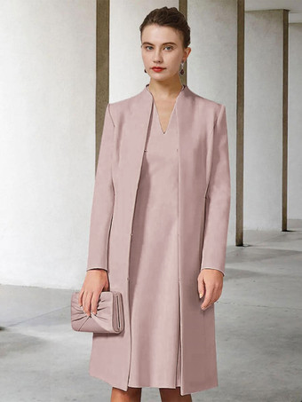 サーモンピンク花嫁の母親のためのパーティードレス Vネック 長袖 Aライン 結婚式用ゲストドレス 無料カスタマイズ