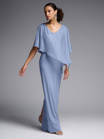 Steel BlueBridal Mother Dress Jewel Neck Half Sleeves A-Line Split Front Floor-Length Wedding Guest Dresses