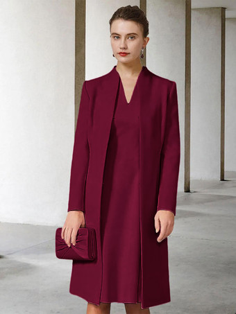 バーガンディー花嫁の母親のためのパーティードレス Vネック 長袖 Aライン 結婚式用ゲストドレス 無料カスタマイズ